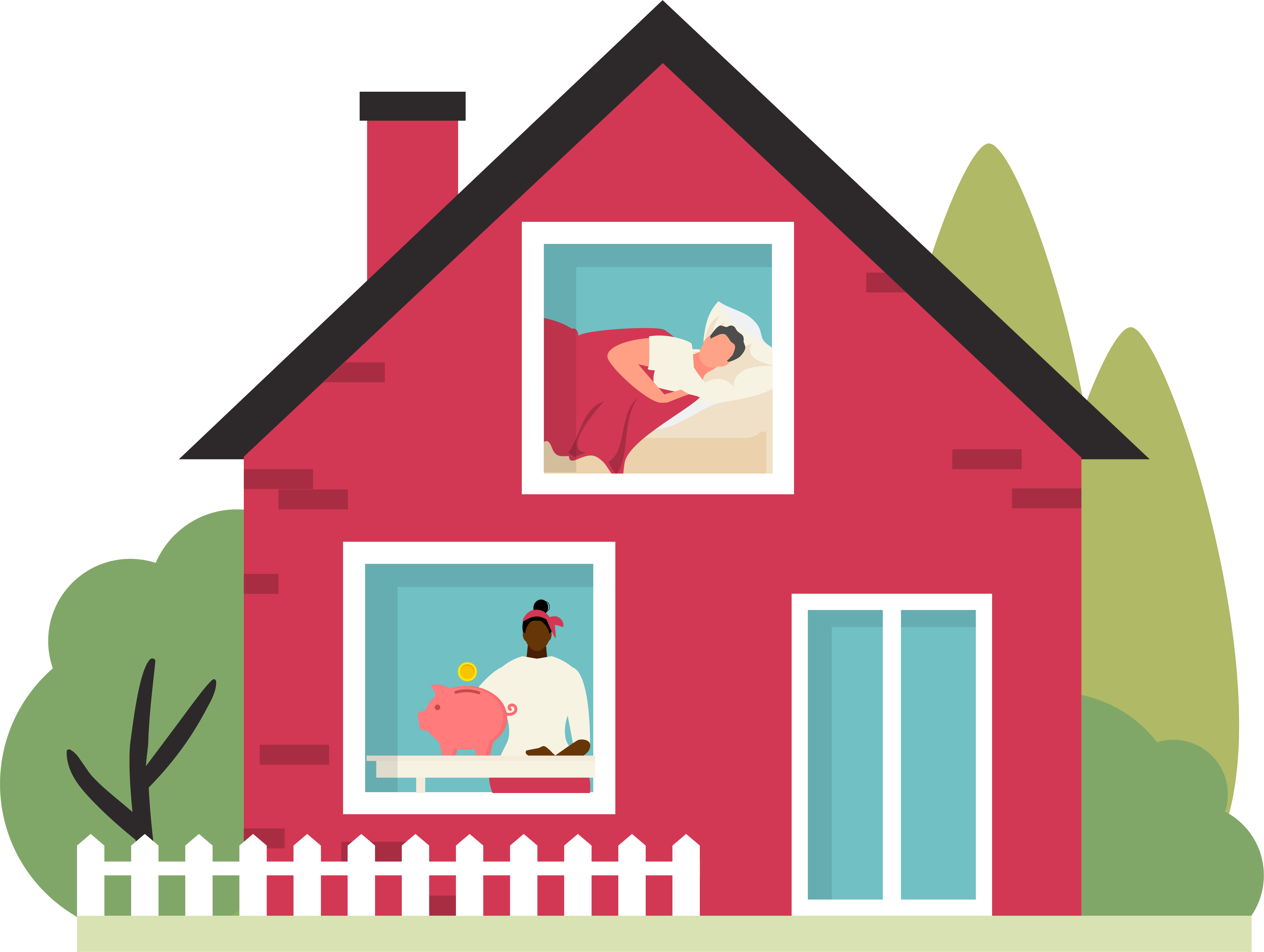 Illustration of a house with people visible through the windows